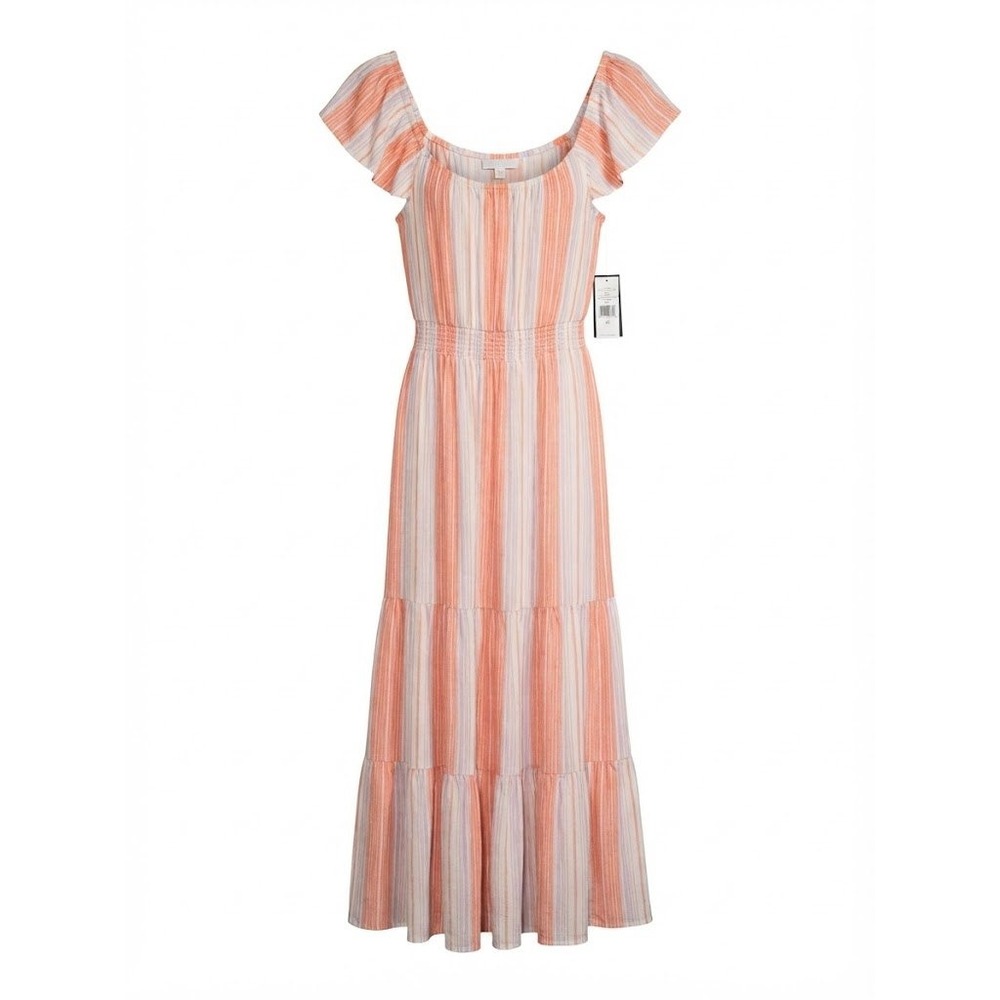 Liverpool Dress Womens Medium Orange Striped Maxi Flutter Sleeve Cottagecore NWT